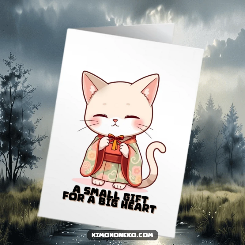 Funny Free Printable Thank You Card: A sleek cat in an elegant kimono offers a small, sweet gift.