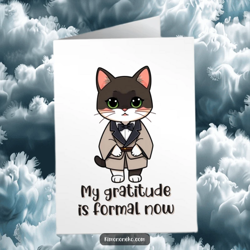 Funny Free Printable Thank You Card: A tuxedo cat in a formal kimono, offering thanks with impeccable style.