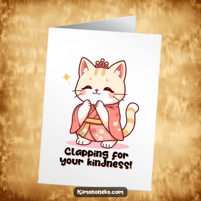 Funny Free Printable Thank You Card: Kawaii cat in a festive kimono clapping paws in thankful appreciation.