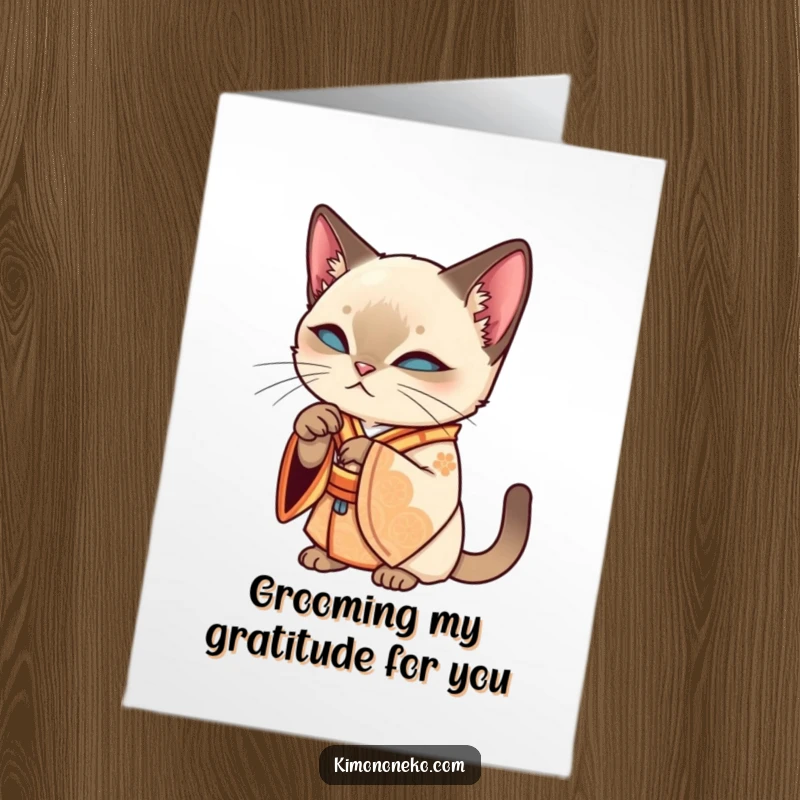 Funny Free Printable Thank You Card with an elegant Siamese kawaii cat in an ornate kimono grooming its paw, sending thanks.