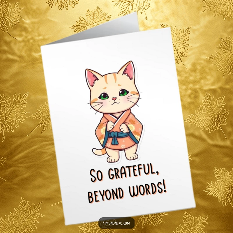 Funny Free Printable Thank You Card: Kawaii cat in a stylized kimono stands confidently, exuding grace.