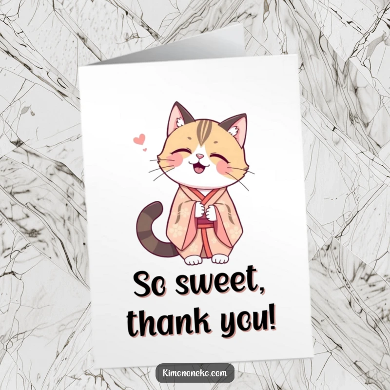Funny Free Printable Thank You Card: Kawaii cat in an elegant kimono shares a quiet, happy giggle.