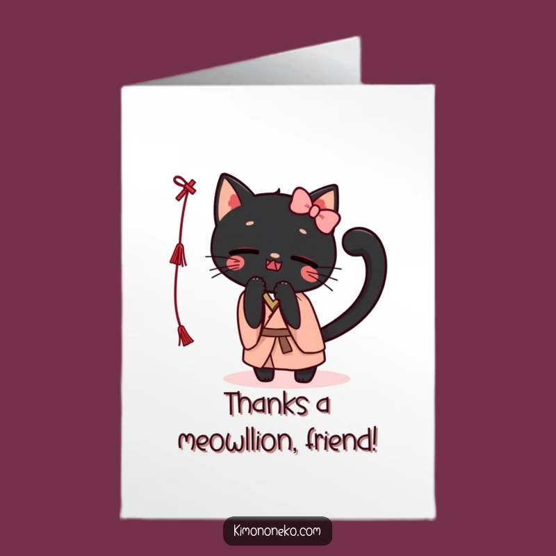 Free Printable Thank You Card: Funny Kawaii Black Cat Kimono, Playful String Batting