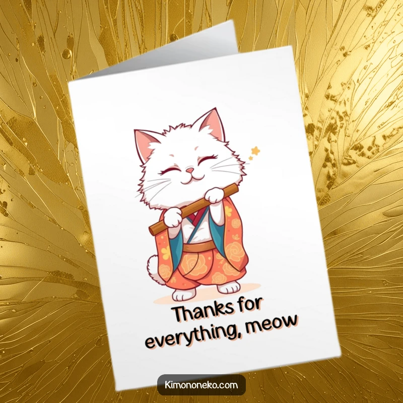 Funny Free Printable Thank You Card: A fluffy white cat in a vibrant kimono miming a flute, conveying thanks musically.
