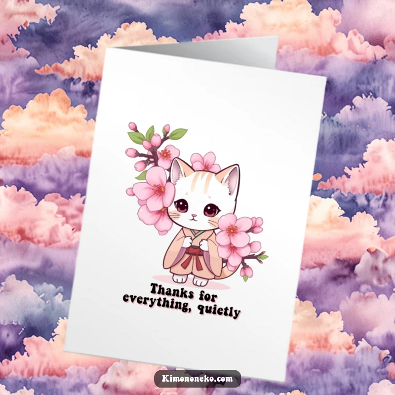 Funny Free Printable Thank You Card: a shy cat in a kimono peeking out from a large cherry blossom, a sweet and funny thank you.