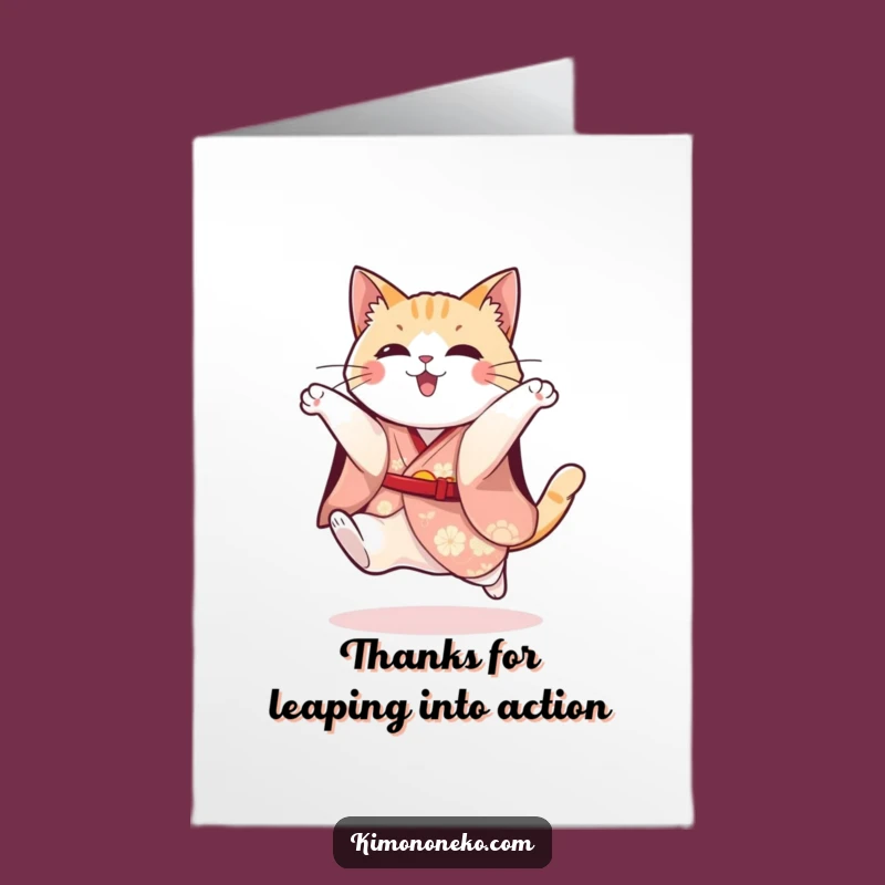 Free Printable Thank You Card: Playful Kimono Cat Jump - Downloadable Gift