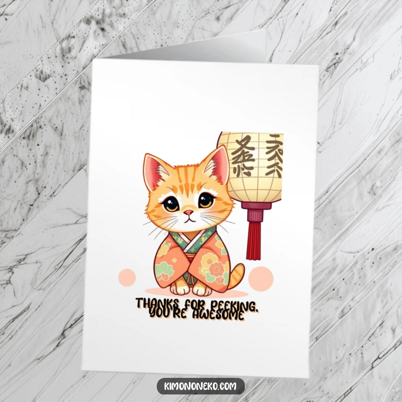 Funny Free Printable Thank You Card: A ginger kawaii cat peeking from behind a paper lantern.