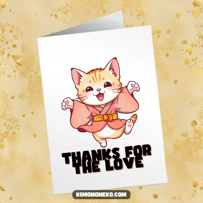 Funny Free Printable Thank You Card: A playful kitten in a colorful kimono does energetic, happy leaps.