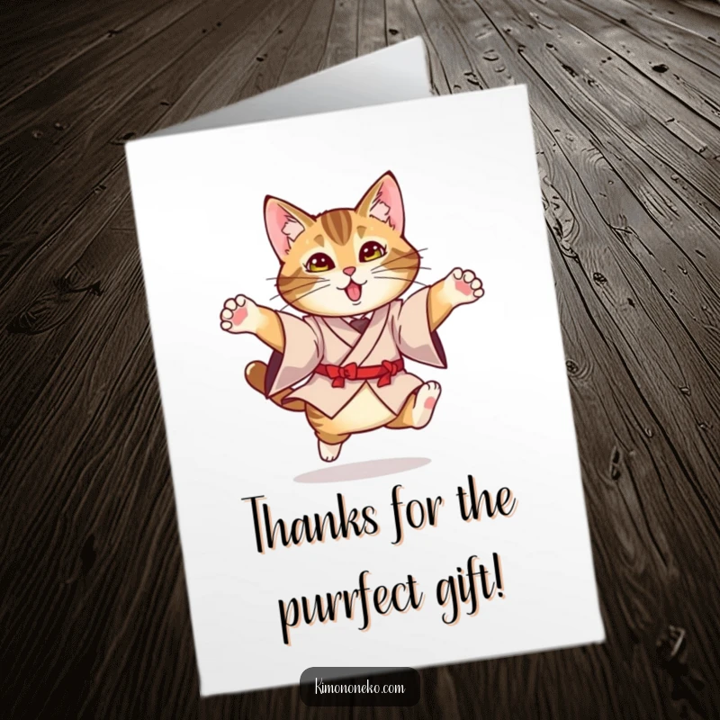 Funny Free Printable Thank You Card: Tabby cat in formal kimono performing a graceful leap, showing appreciation.