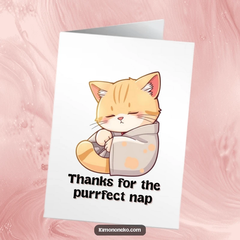 Funny Free Printable Thank You Card: A sleepy cat in a kimono offers quiet thanks, curled up in a peaceful sunbeam.