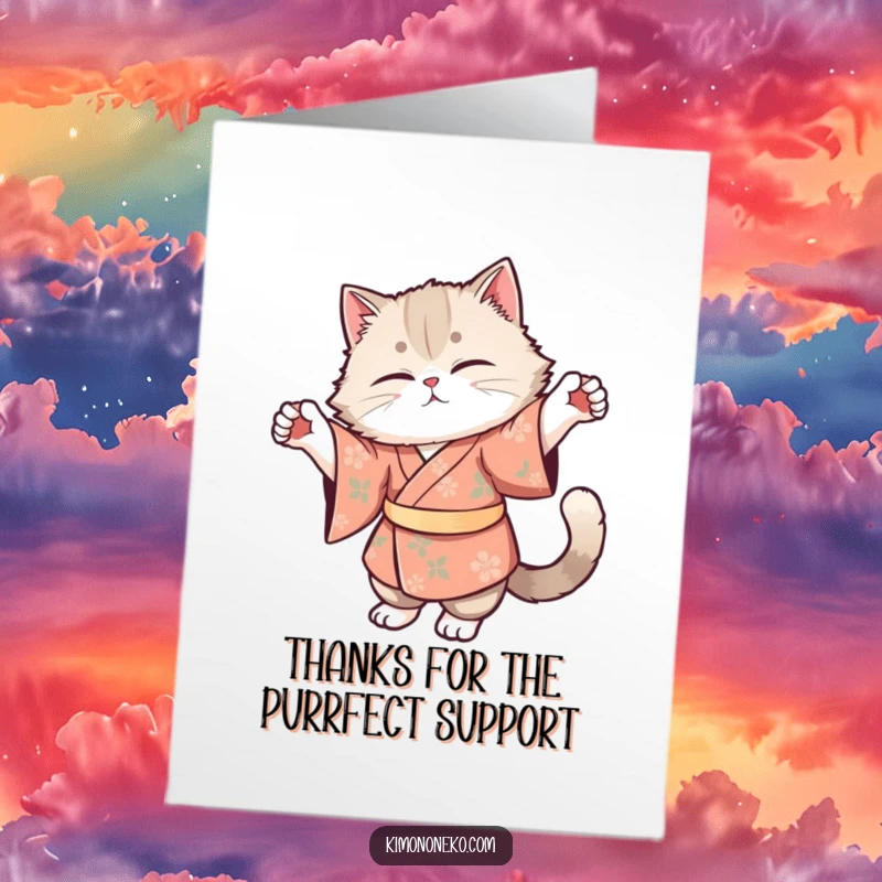 Funny Free Printable Thank You Card: Fluffy cat in floral kimono doing a graceful stretch, expressing gratitude.