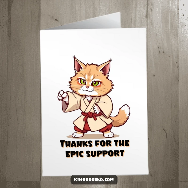 Funny Free Printable Thank You Card: A Kawaii Maine Coon cat in a sturdy kimono, striking a martial arts pose.