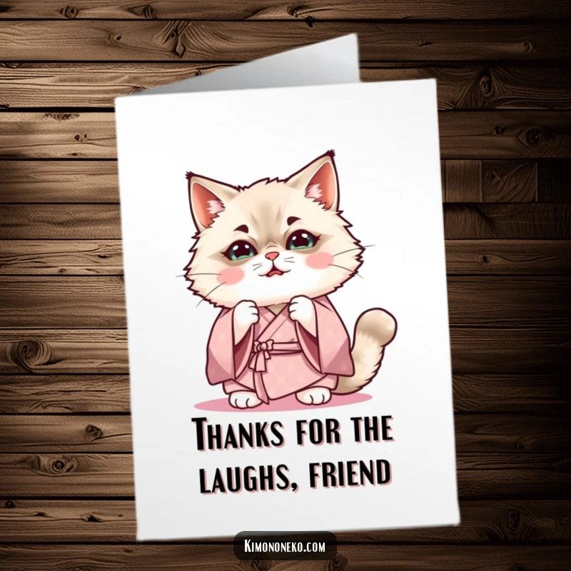 Funny Free Printable Thank You Card: A Kawaii Ragdoll cat in a soft kimono, attempting a funny, cute expression.