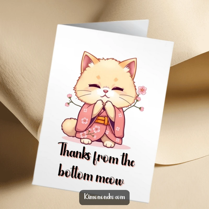 Funny Free Printable Cat Thank You Card with a fluffy cat in a cherry blossom kimono, bowing with serene thanks.