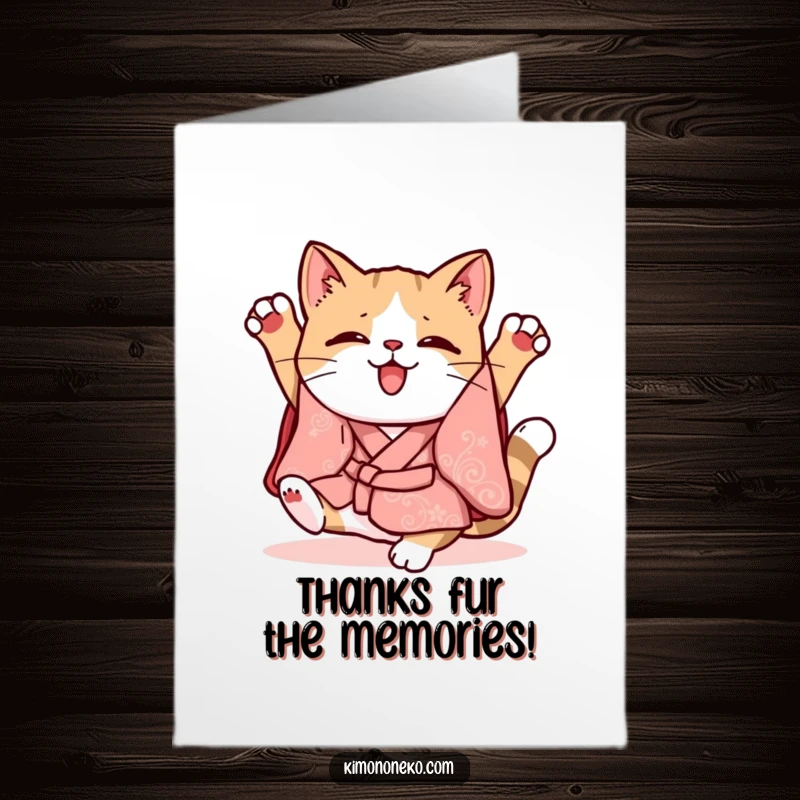 Funny Free Printable Thank You Card: Kawaii cat in a whimsical kimono does a clumsy somersault, a funny way to say thanks.