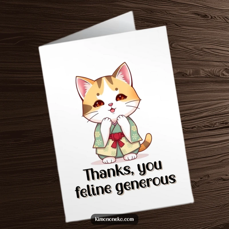 Funny free printable thank you card featuring a Kawaii calico cat in a kimono bowing gracefully.