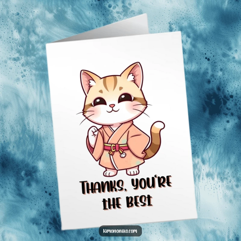 Funny Free Printable Thank You Card of a stylish cat in a modern kimono, striking a confident pose with a smile.