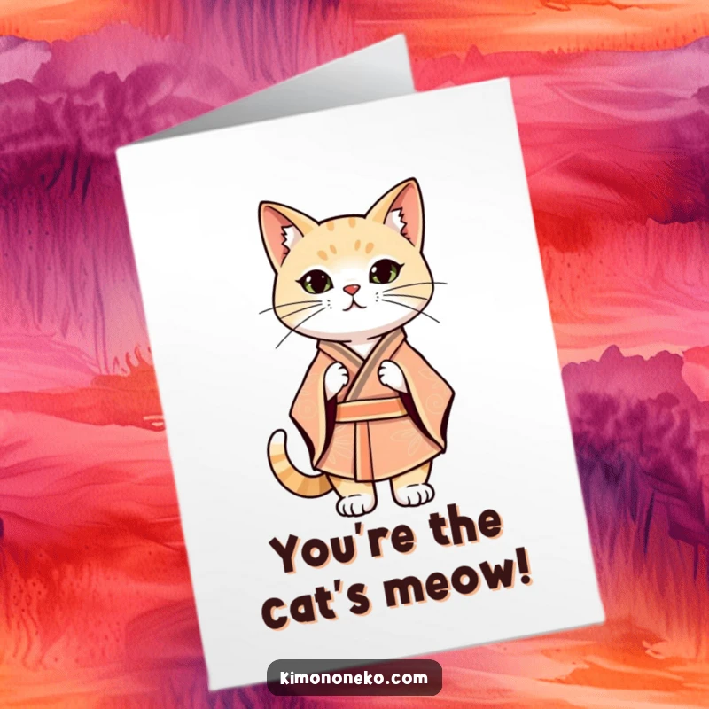 Funny Free Printable Thank You Card: Kawaii cat in a stylish kimono strikes a confident pose, a chic thank you.