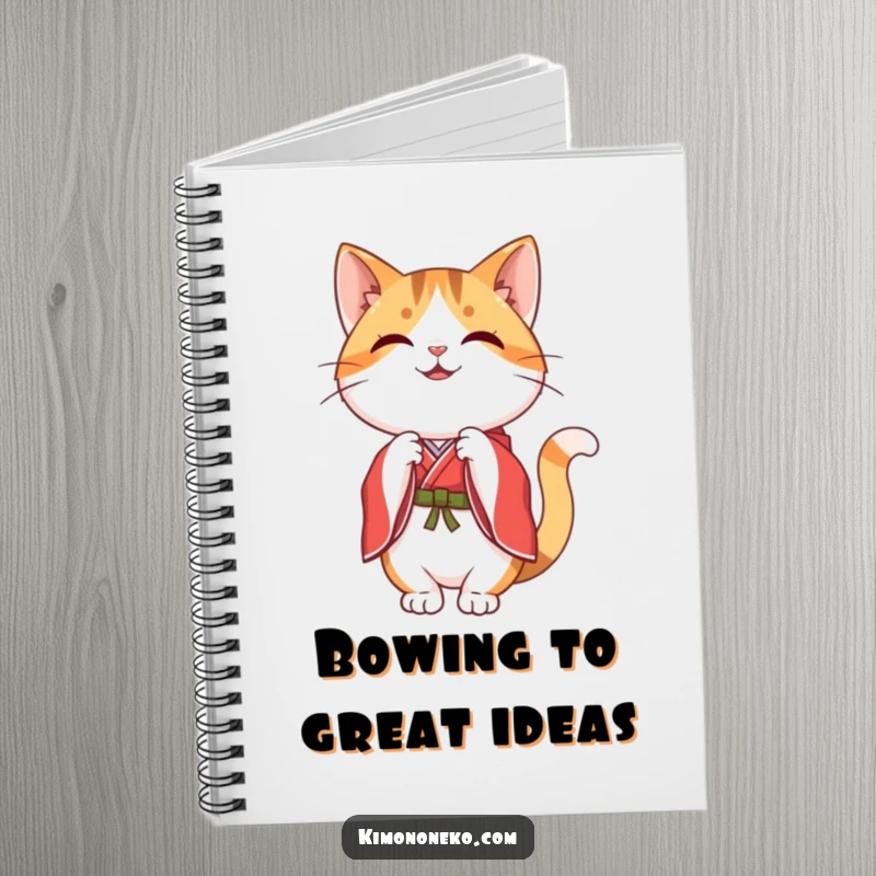 Funny happy kawaii calico cat in a red and white kimono, performing a graceful bow, inside a lined notebook.