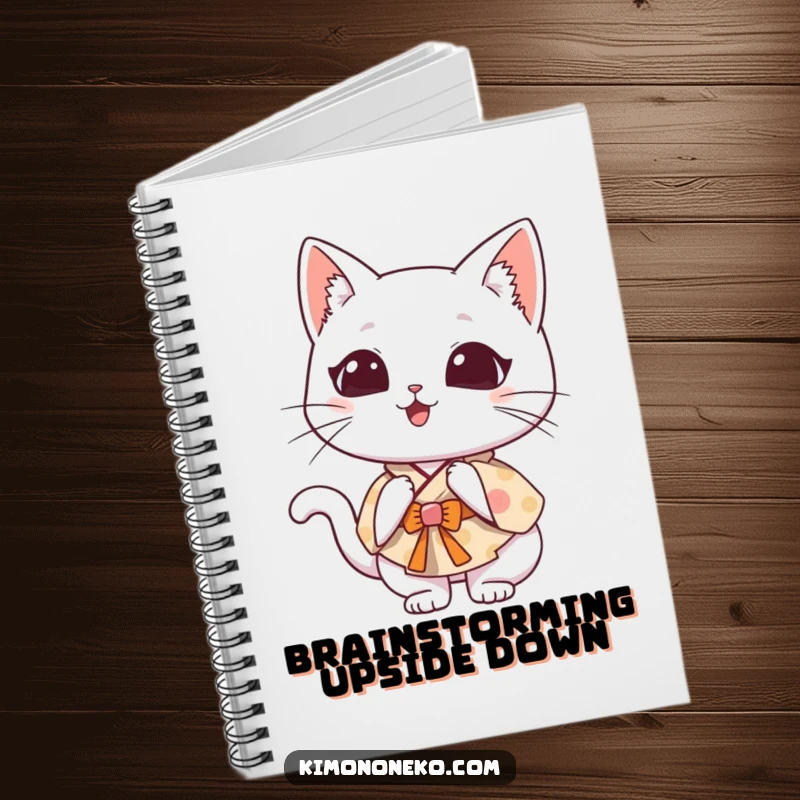 Funny Kawaii cat in a whimsical kimono, doing a clumsy somersault, perfect for jotting down ideas and doodles.