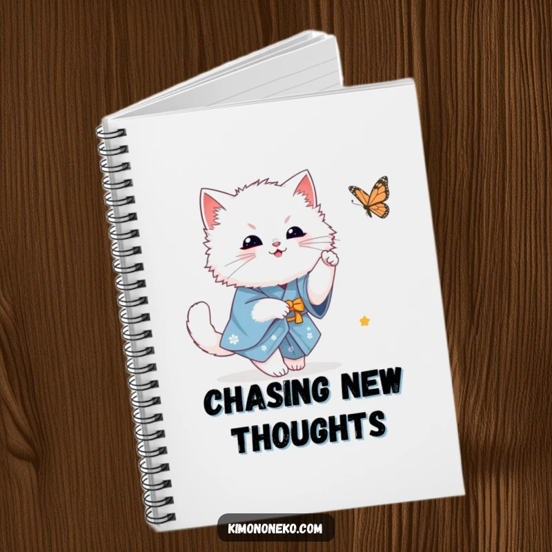 Funny fluffy white kawaii cat in a blue kimono playfully chasing a butterfly, a serene and humorous design for a notebook cover.