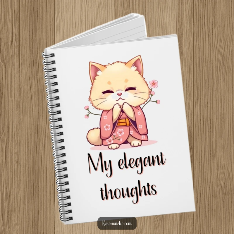 Funny bowing cat kimono notebook, with a fluffy feline offering a polite bow, perfect for jotting down notes with a touch of serene charm.