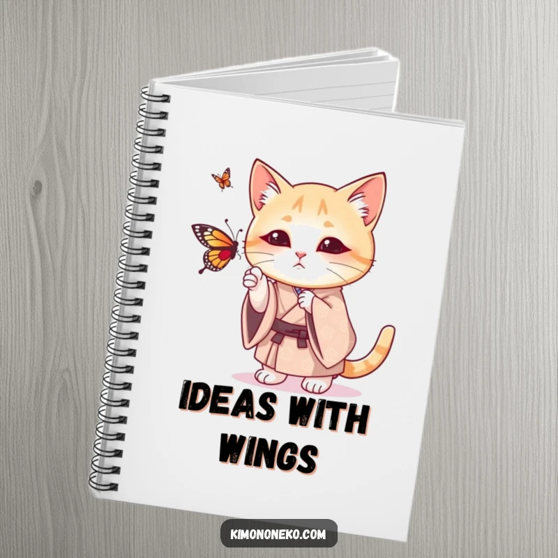 Funny notebook with a cat in a patterned kimono playfully batting at a butterfly, inspiring jotting down humorous thoughts.