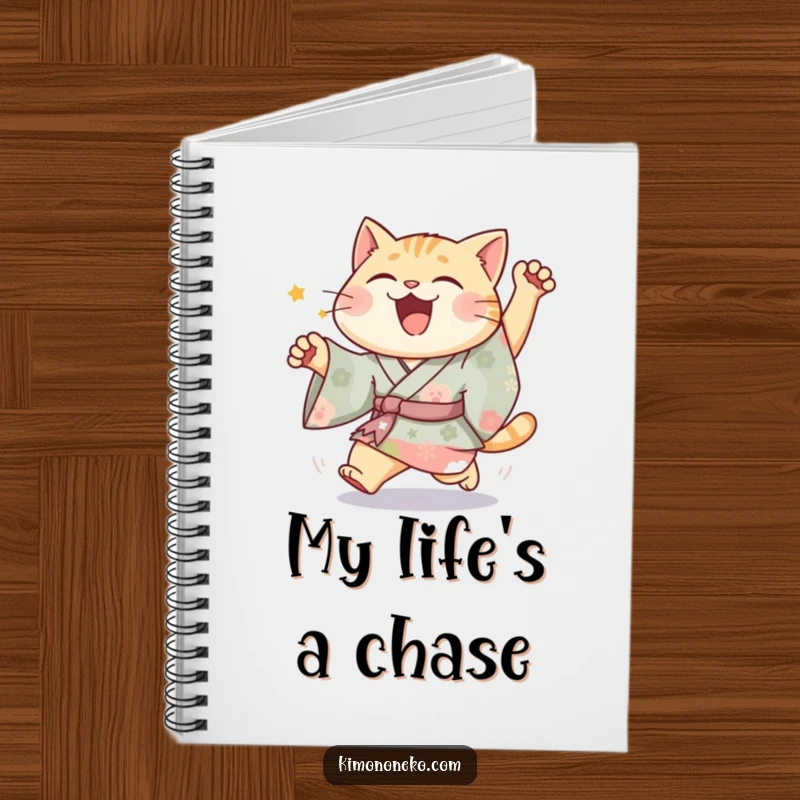 Funny Joyful Cat Kimono Notebook showing a happy cat in vibrant kimono in a silly chase, perfect for note-taking with joy.