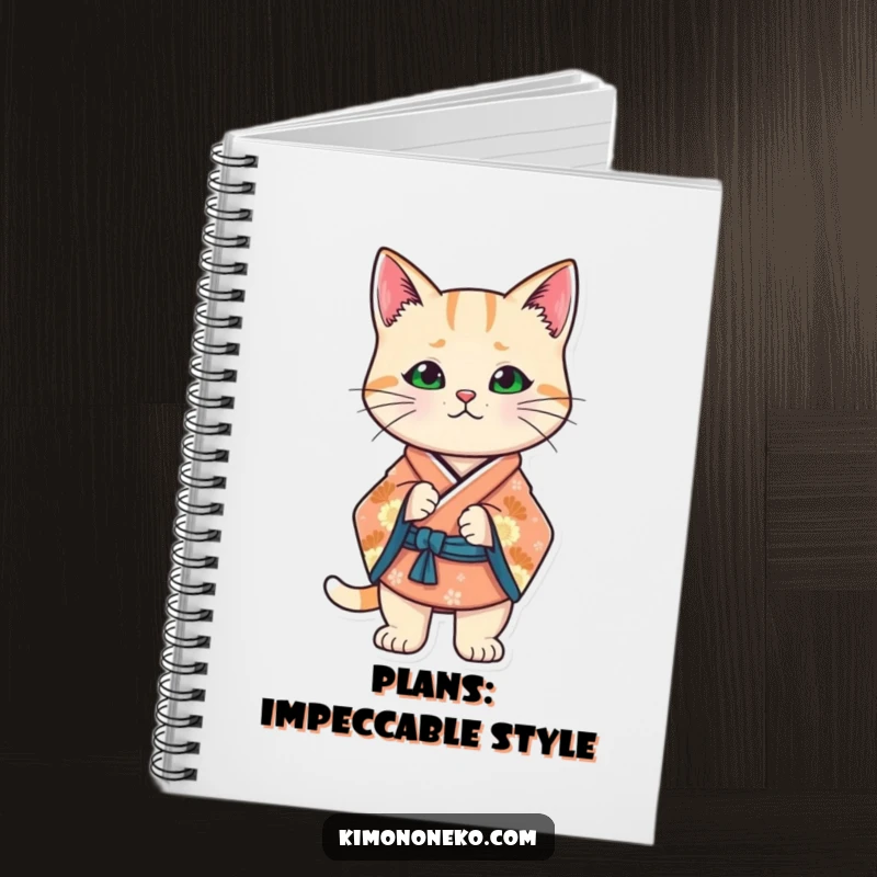 Funny Kawaii cat in a stylized kimono, striking a confident stance, perfect for journaling bold thoughts.