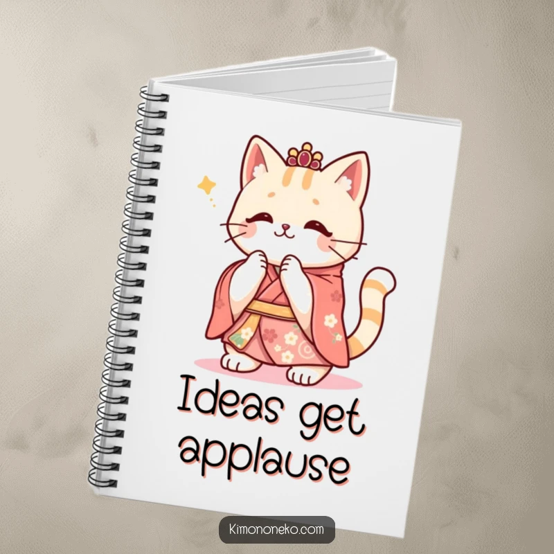 Funny Kawaii cat in a festive kimono, enthusiastically clapping its paws, perfect for jotting down party ideas.