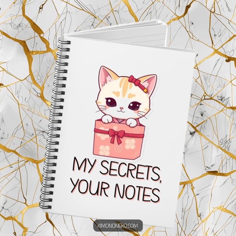 Funny kawaii cat in a kimono, peeking from a gift box, on the cover of a lined notebook, a funny stationary gift.