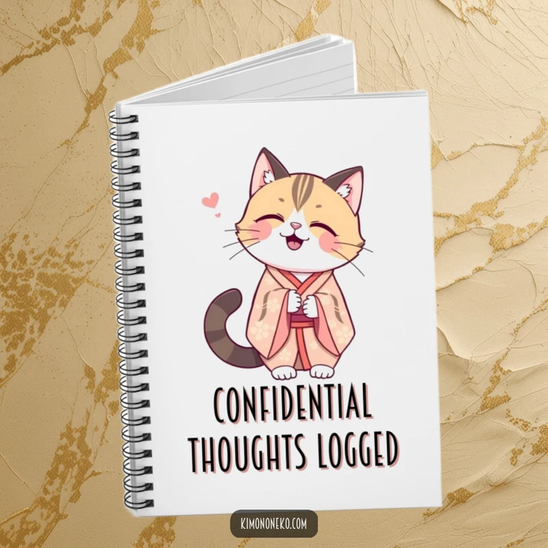 Funny Kawaii cat in an elegant kimono, sharing a secret giggle, perfect for journaling and private thoughts.