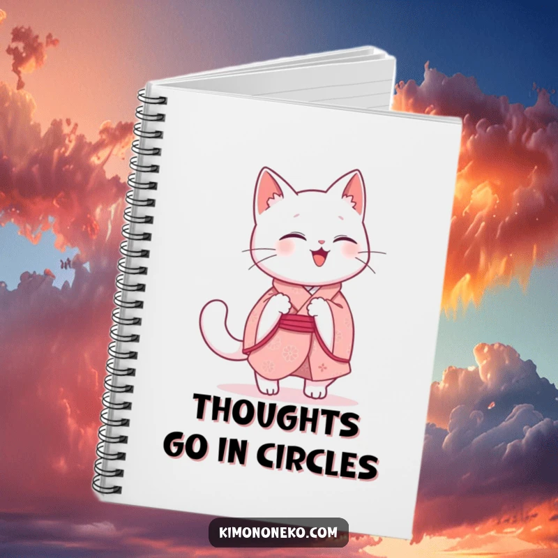 Funny Kawaii Cat Notebook: A giggling white cat in a pink kimono is depicted mid-chase, its tail a swirl of humorous inspiration for your notes.