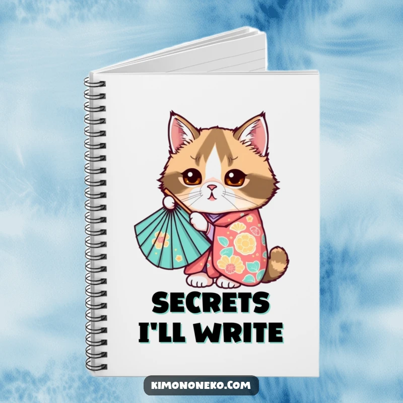 Funny Kawaii Scottish Fold cat peeking from behind a fan, colorful kimono, cute anime notebook, gift.