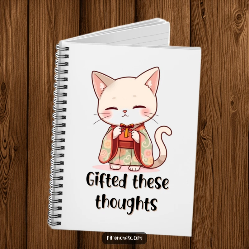 Funny sleek cat in an elegant kimono offering a small gift, featured on the cover of a notebook.