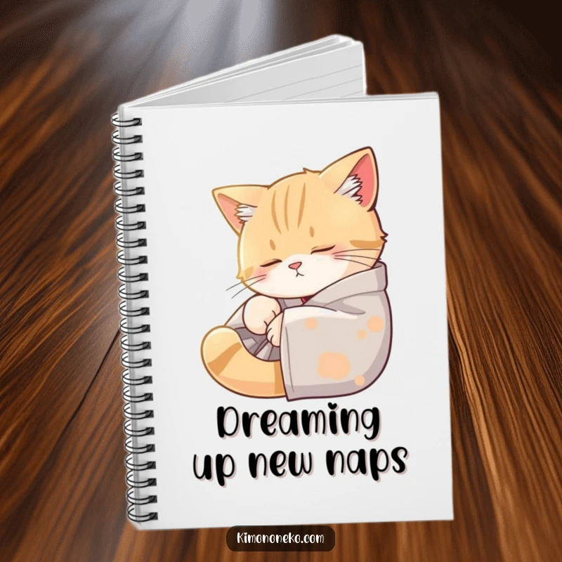 Funny notebook with a sleepy cat in a kimono resting in a sunbeam, ideal for journaling, notes, and creative thoughts.