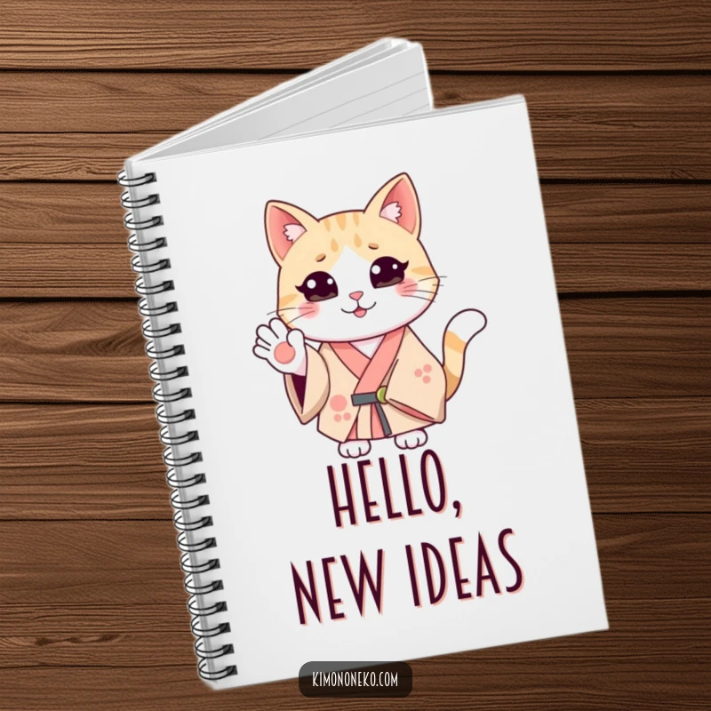 Funny smiling cat in a kimono, waving hello. Humorous notebook for cheerful journaling and note-taking.