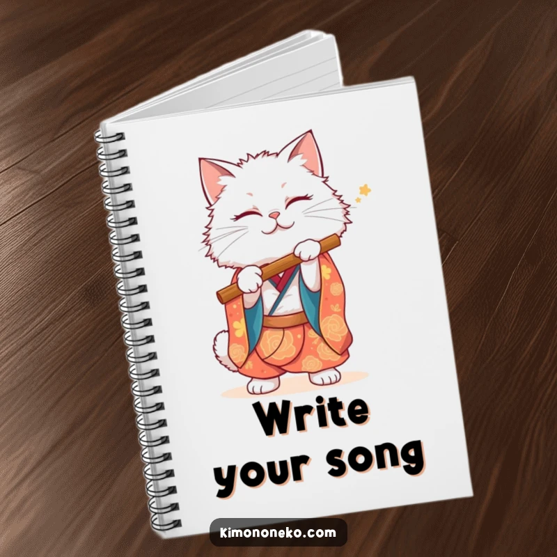 Funny White Cat Notebook: A fluffy white cat in a vibrant kimono holds a flute, inspiring creative writing.
