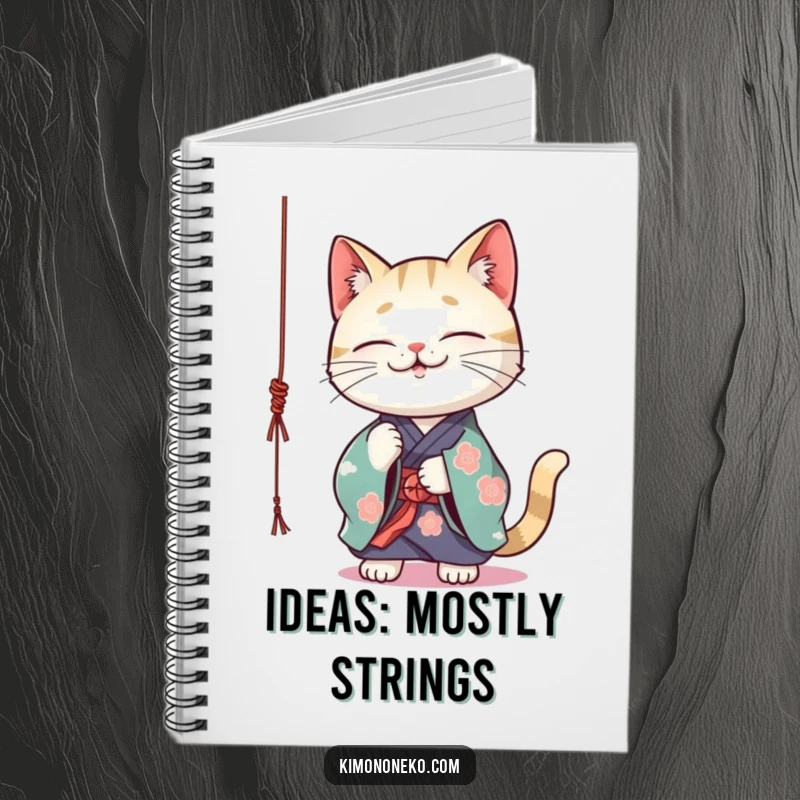 Funny Kawaii cat in a vibrant kimono playfully batting at a dangling string, lined journal, cute stationery.