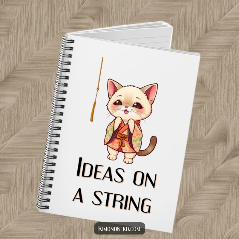 Funny Siamese cat in floral kimono, playfully batting at a dangling string, kawaii style notebook.