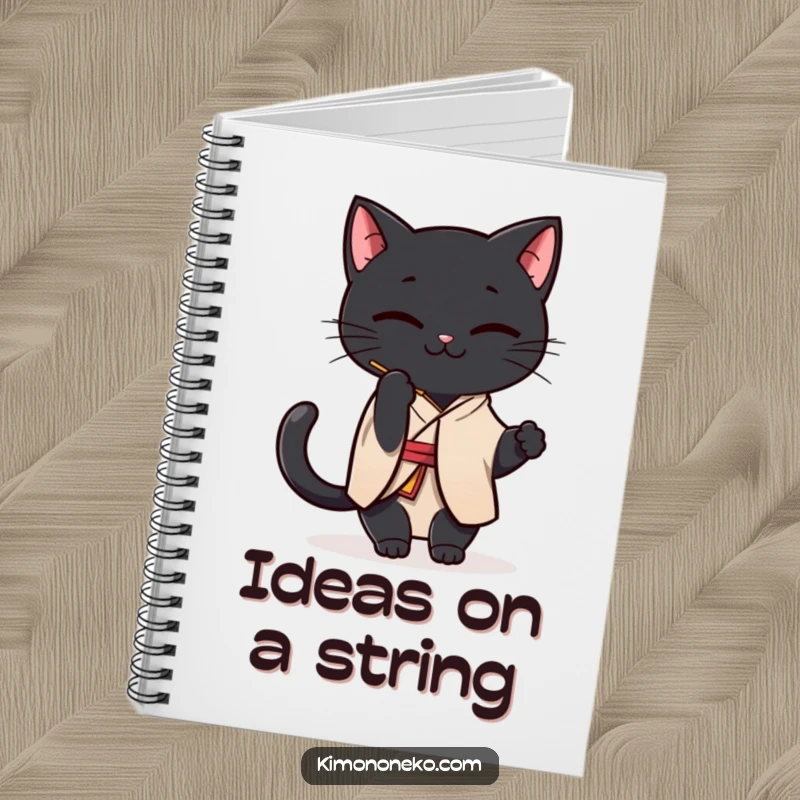 Funny Black Cat Kimono Notebook: A Kawaii black cat in a simple kimono playfully batting at a string, ideal for notes.