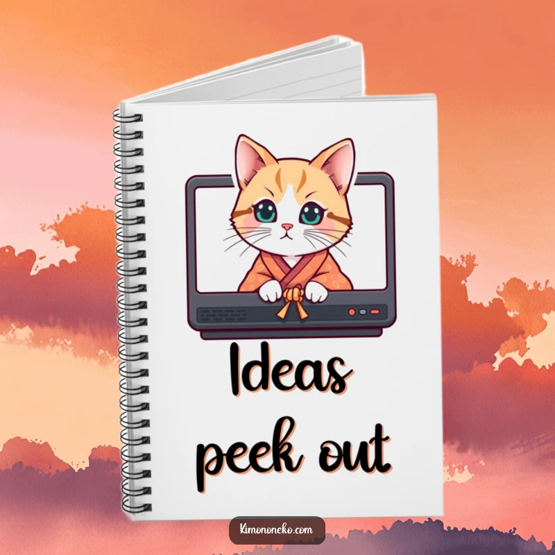 Funny curious cat in a bright kimono peeking from behind screens, featured on the cover of a notebook.