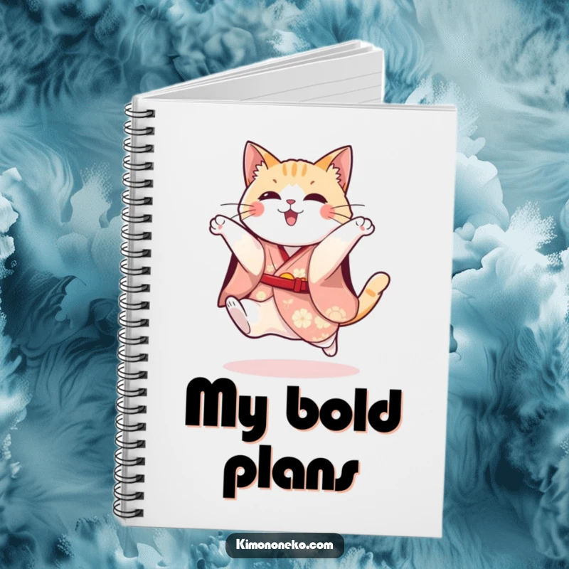 Funny notebook with a playful cat in a festive kimono attempting a jump, inspiring energetic and humorous note-taking.