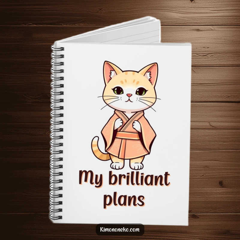 Funny Kawaii cat in a stylized kimono striking a confident stance, lined journal, cool stationery.