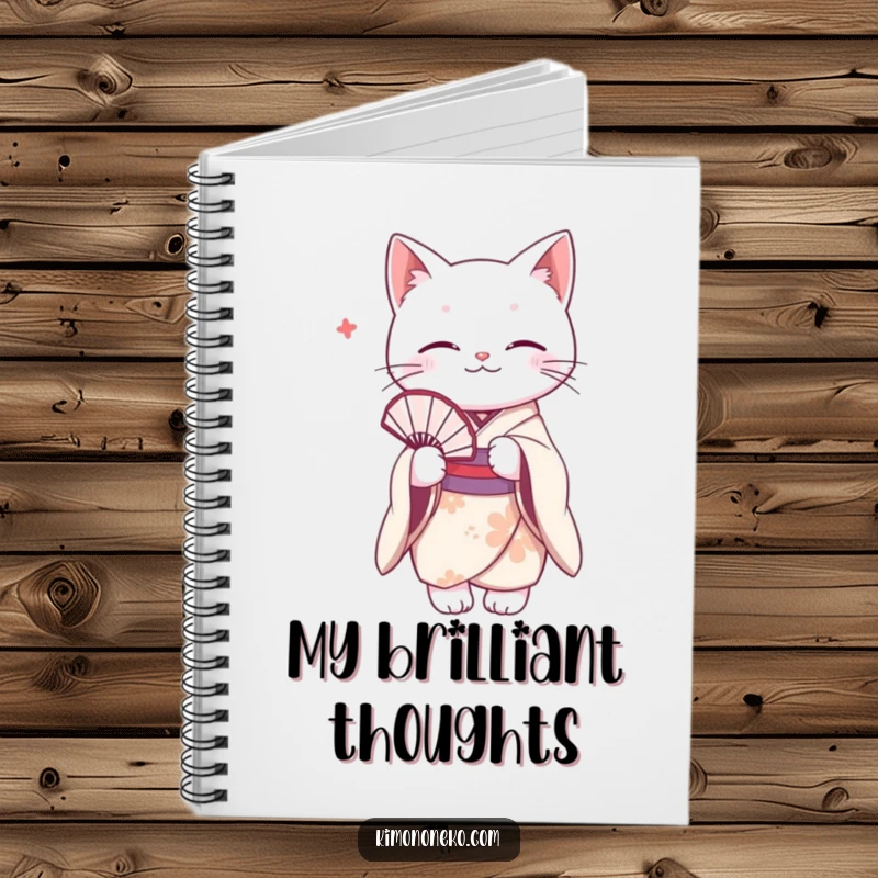 Funny white cat in a delicate kimono, holding a fan. Humorous notebook for elegant writing and note-taking.