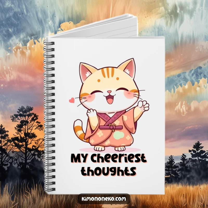 Funny Kawaii cat in a kimono, giving a spirited cheer, a cute and funny notebook for jotting down ideas.