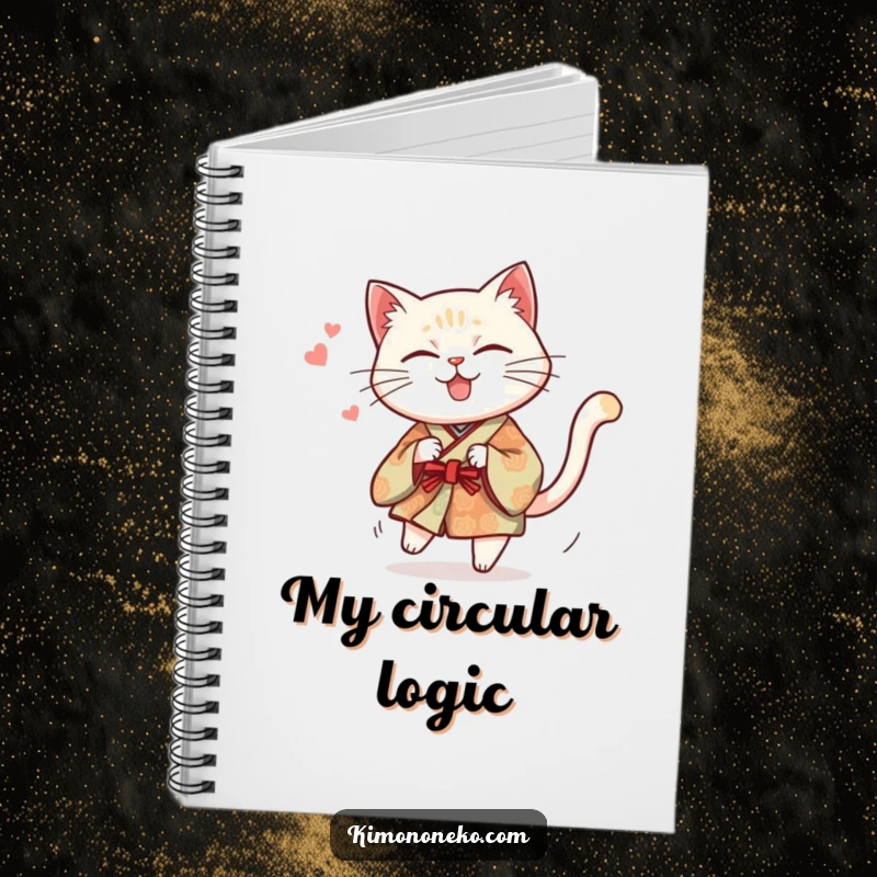 Funny notebook with a mischievous cat in a traditional kimono humorously chasing its tail, inspiring playful note-taking.