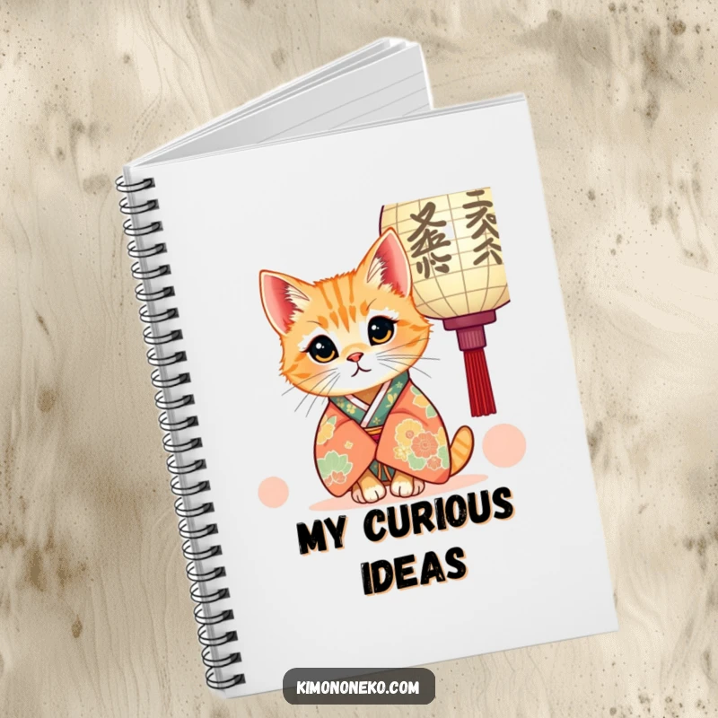 Funny notebook cover featuring a kawaii ginger cat in a kimono, curiously peeking from behind a paper lantern, perfect for jotting down notes whimsically.