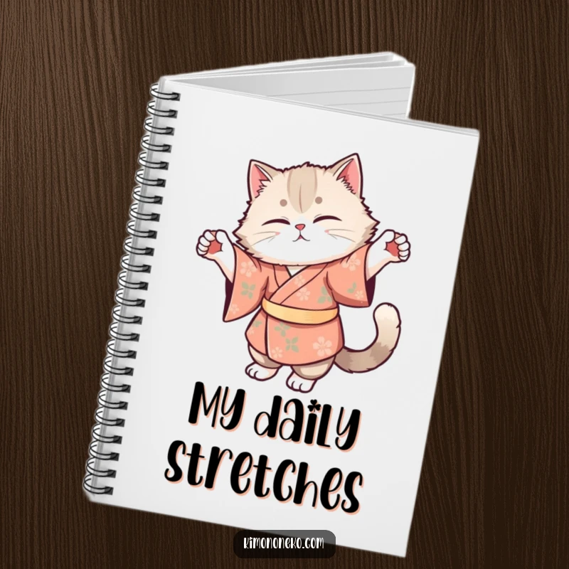 Funny notebook with a fluffy cat in a floral kimono doing a graceful stretch, inspiring calm and humorous note-taking.