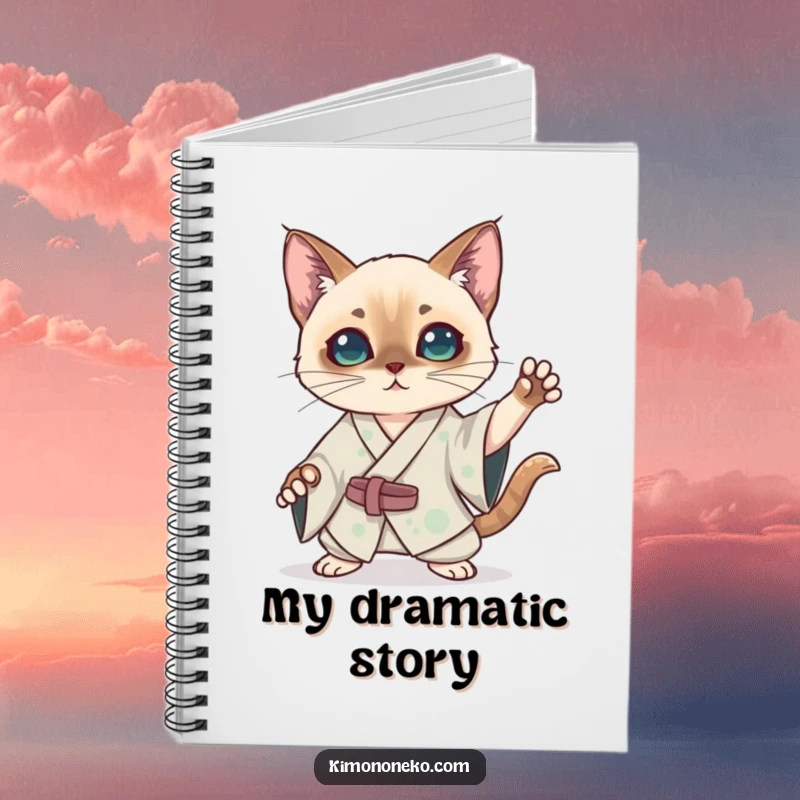 Funny kawaii Siamese cat in a silk kimono striking a dramatic pose on a notebook, ideal for humorous journaling and anime fans.